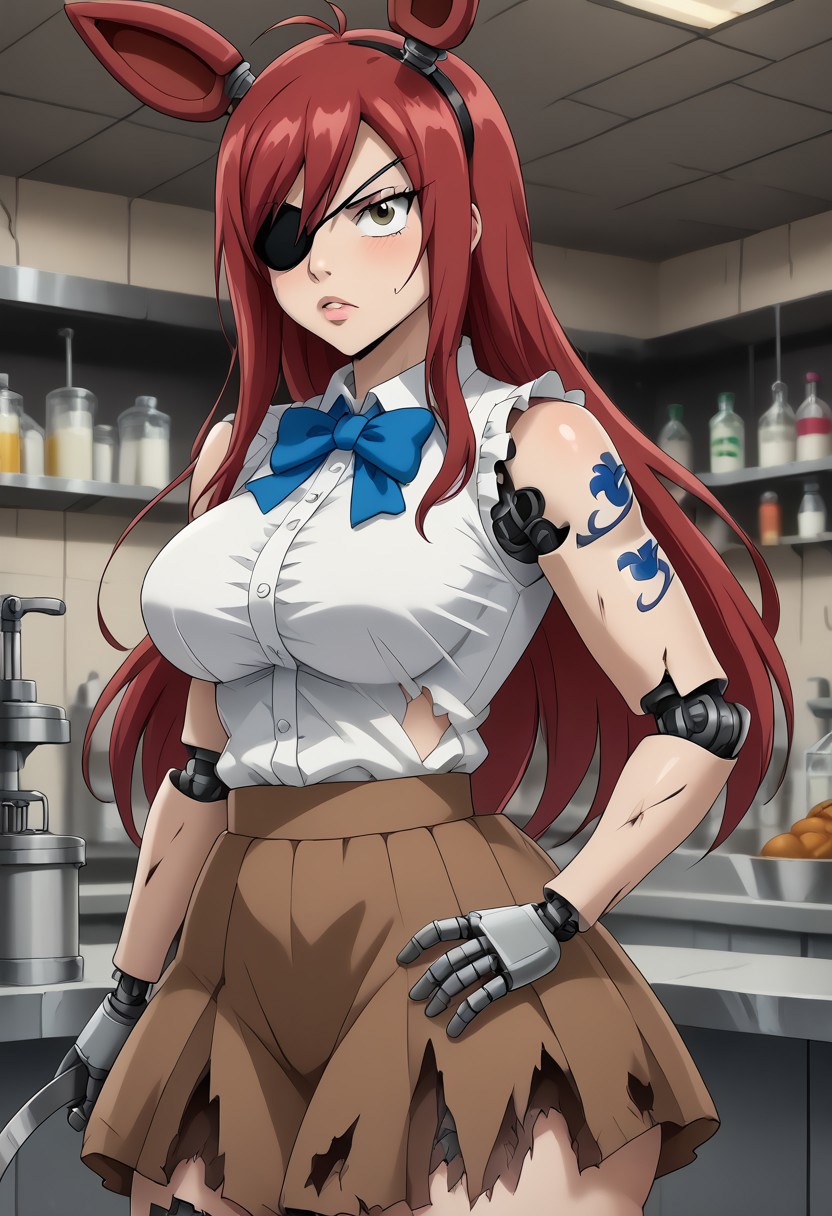 score_9, score_8_up, 1girl, solo, indoors, Laboratory background, Lab gear,    erza scarlet transforming into withered foxy,
 erza scarlet, long hair, red hair, hair between eyes, brown skirt, shirt, bow, boots, sleeveless, sleeveless shirt, tattoo, white shirt, frills,,plump, bbw, big ass,
Withered_FoxyFNAF, , animal ears, yellow eyes, torn clothes, no humans, robot, withered body, damaged, animatronic, joints, endoskeleton, left hook hand, eyepatch on left eye,