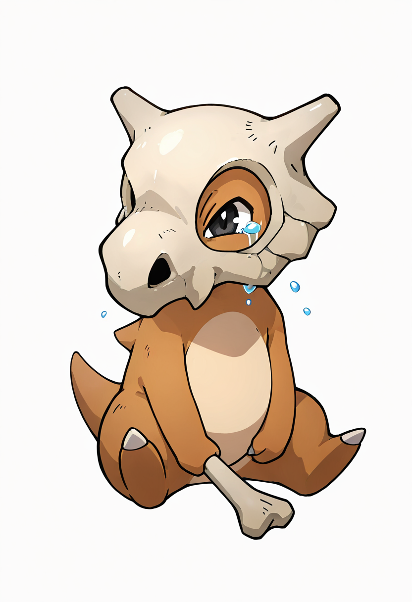 masterpiece, best quality, no humans,   ,<lora:CubonePokedex_IXL:1.0>,  zzCubone, simple background, white background, sitting, full body, black eyes, claws, bone, crying,