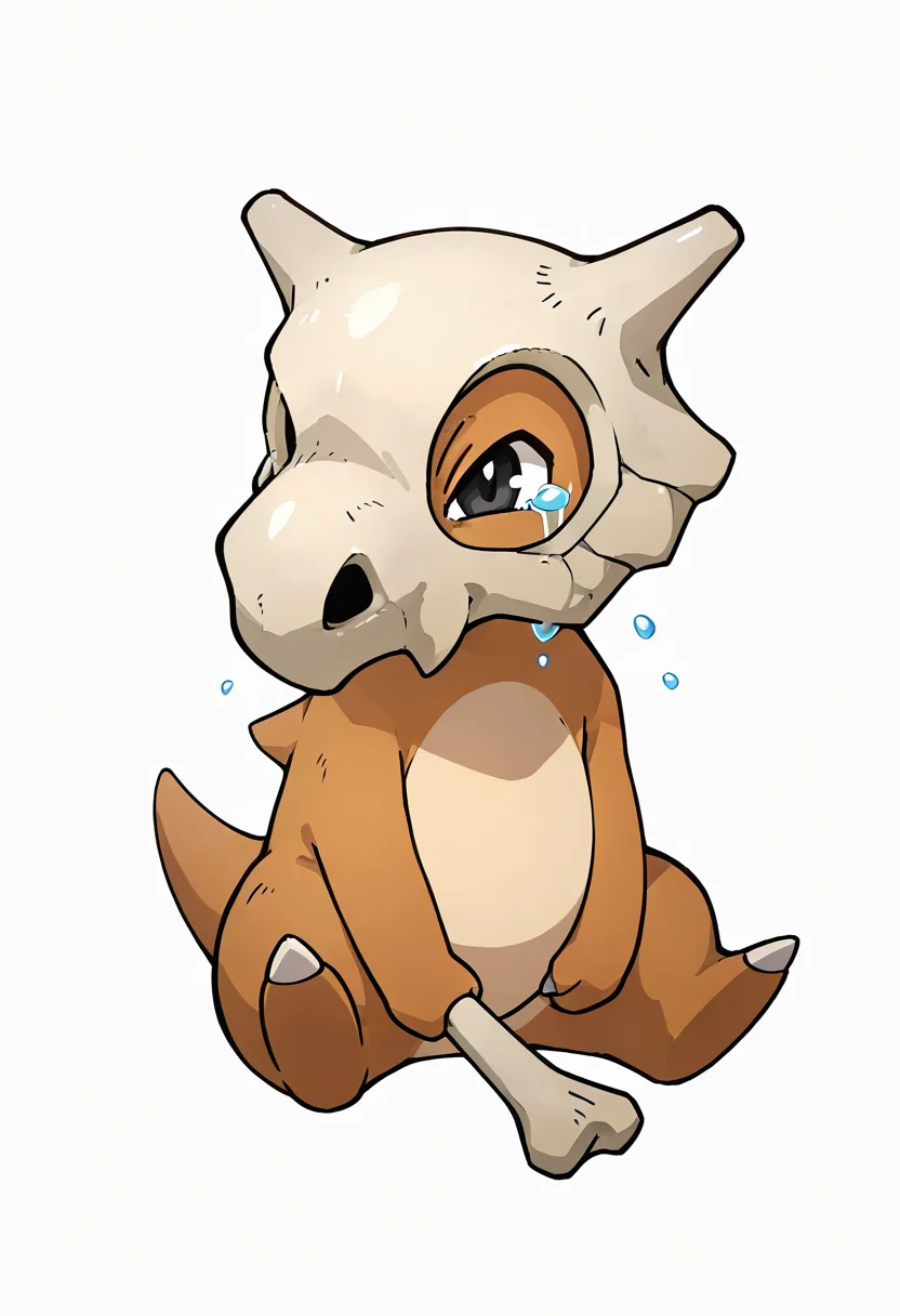 masterpiece, best quality, no humans, ,<lora:CubonePokedex_IXL:1.0>, zzCubone, simple background, white background, sitting, full body, black eyes, claws, bone, crying,