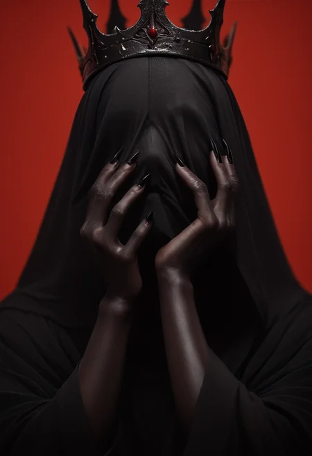 (score_9, score_8_up), score_7_up, 1girl, Highly detailed RAW color Photo, simple background, long sleeves, upper body, hood, wide sleeves, fingernails, 1hand up, black skin, cloak, black claws, hood up, long fingernails, robe, sharp fingernails, covered face, no face, emotionless in black, crown,
dark lighting, dof, depth of field, realistic, red background, simple background, light partials, CINE, fire embers, low-key,
<lora:unholy-000009:0.8> <lora:CINE-000008:0.4> <lora:- SDXL - vanta-black_contrast_V3.0:0.5> <lora:- SDXL - covered_in_stuff_V1.0:0.8>