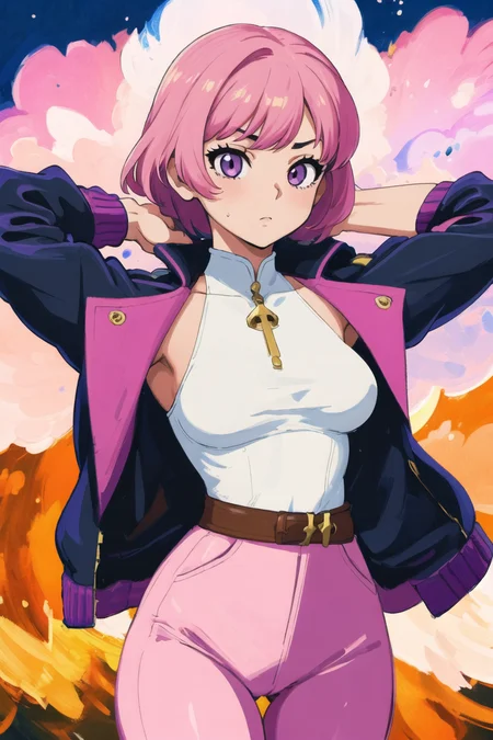 girl, (hotify,digital art,fit,hot body,instagram:1.2),(waifu:1.4), (Dawn,Battle Background:1.4),Pear Body,Breasts Apart,(Thinking),Medium Hair,Bob Hair,(lavender Racer Jacket,pink Jodhpurs:1.3),Honkai Impact,Costume ,(masterpiece,detailed,highres:1.4) <lora:summer:1.0>