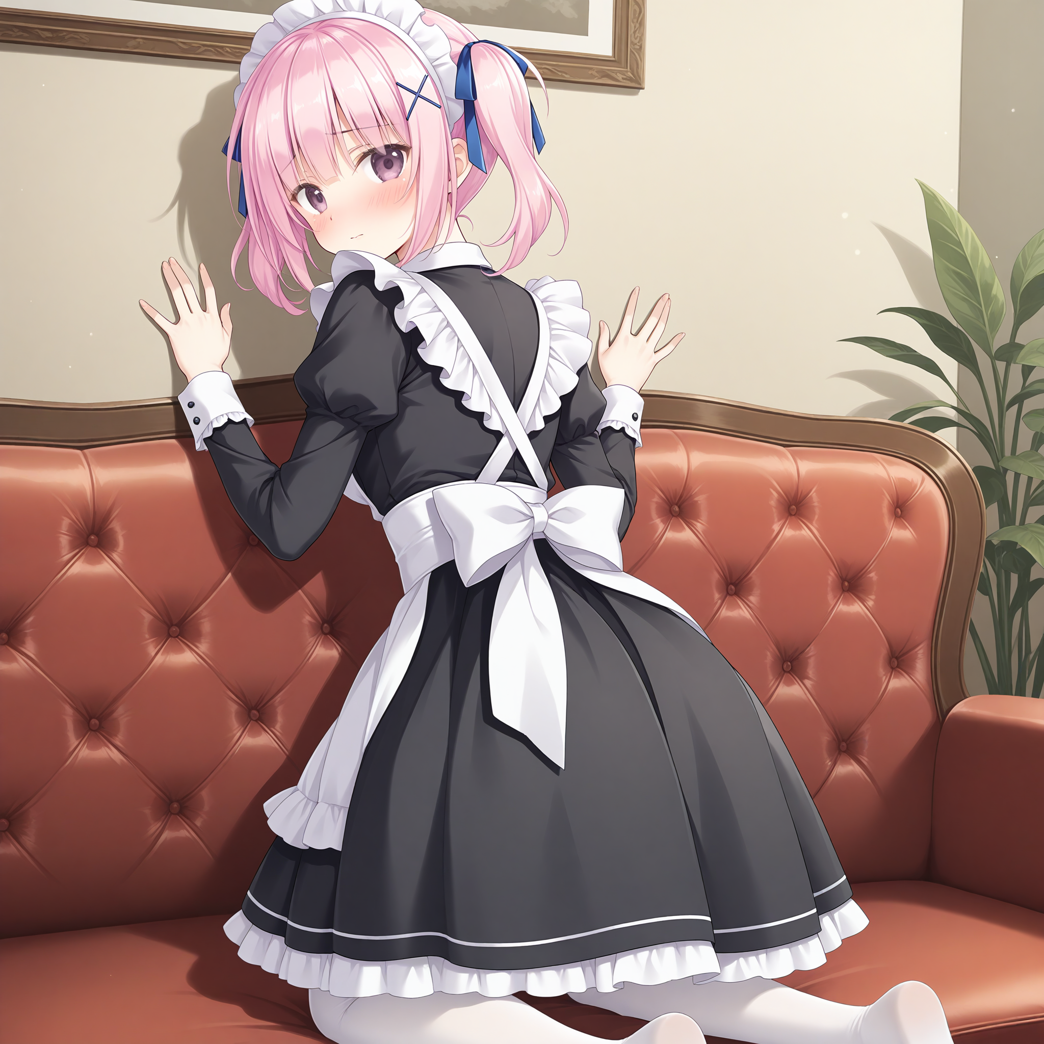 <lora:Melissa_1_nai-000040:1>,Melissa,twintails,x hair ornament,
hair ribbon,blue ribbon,maid,maid headdress,white pantyhose,black dress,white apron,frilled apron,collared dress,white collar,puffy long sleeves,white frills,maid apron,back bow,white bow,white sleeve cuffs,
BREAK
1girl,solo,kneeling,from behind,shy,indoors,w arms,hands up,hand on wall,looking at viewer,looking back,on couch,
