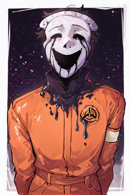 looking at viewer, expressive, posing, <lora:WSSKX_WAI:1> <lora:scp035-10:1> scp035, 1boy, solo, mask,orange shirt, open mouth, orange jumpsuit, black slime on body,,, masterpiece, best quality, amazing quality, very aesthetic, absurdres, newest,, upper body, halftone effect, white borders, abstract background:1.2,