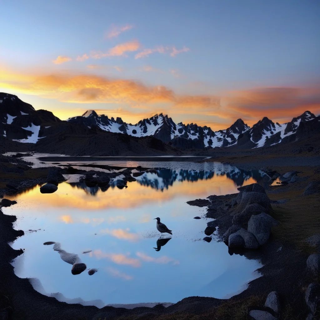 sunset, sky, outdoors, house, reflection, mountain, bird, blue sky, cloudy sky