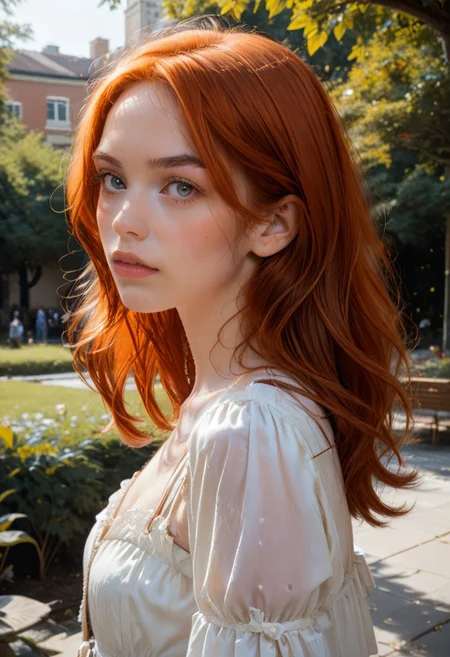 Upper body photo of Amber_nobody, a 24 year Caucasian woman with orange Ginger hair and blue eyes. She is standing in the outdoor park as other people walk by