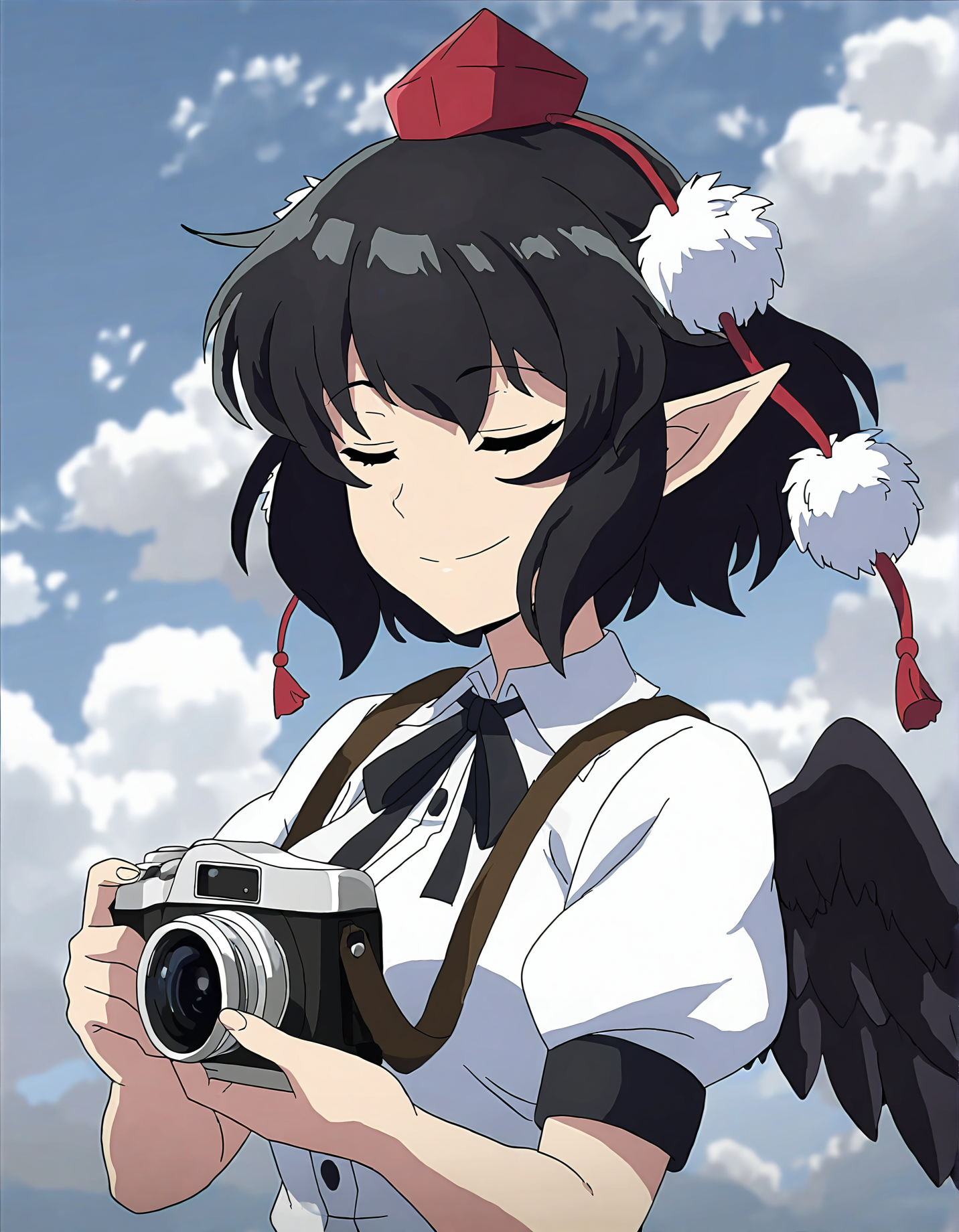 memoriesofphantasm, 1girl, shameimaru aya, solo, black hair, hat, tokin hat, wings, shirt, pointy ears, black wings, camera, white shirt, sky, short sleeves, closed eyes, general, holding, black ribbon, short hair, puffy sleeves, upper body, red headwear, collared shirt, ribbon, cloud, pom pom (clothes), parody, puffy short sleeves, anime coloring, bird wings, breasts, holding camera, neck ribbon, cloudy sky, feathered wings
very awa, masterpiece, best quality, year 2024, newest, highres, absurdres, <lora:memories-of-phantasm-style-noobai-vpred10:1>