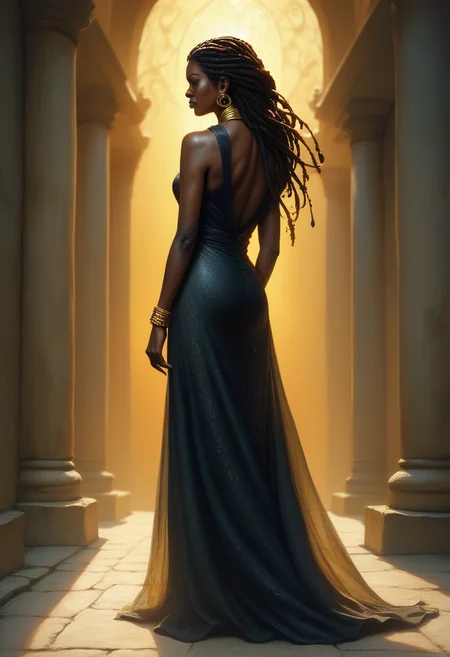 score_9, score_8_up, score_7_up, score_6_up, score_5_up, score_4_up, realistic, A full-body shot of a statuesque, dark-skinned African woman in a vibrant, flowing gown. Her hair is styled in intricate braids, adorned with golden beads that catch the light. She stands with regal poise, her expression one of quiet confidence and grace. , backlight, cinematic photoshot <lora:ponys-dream:.9>