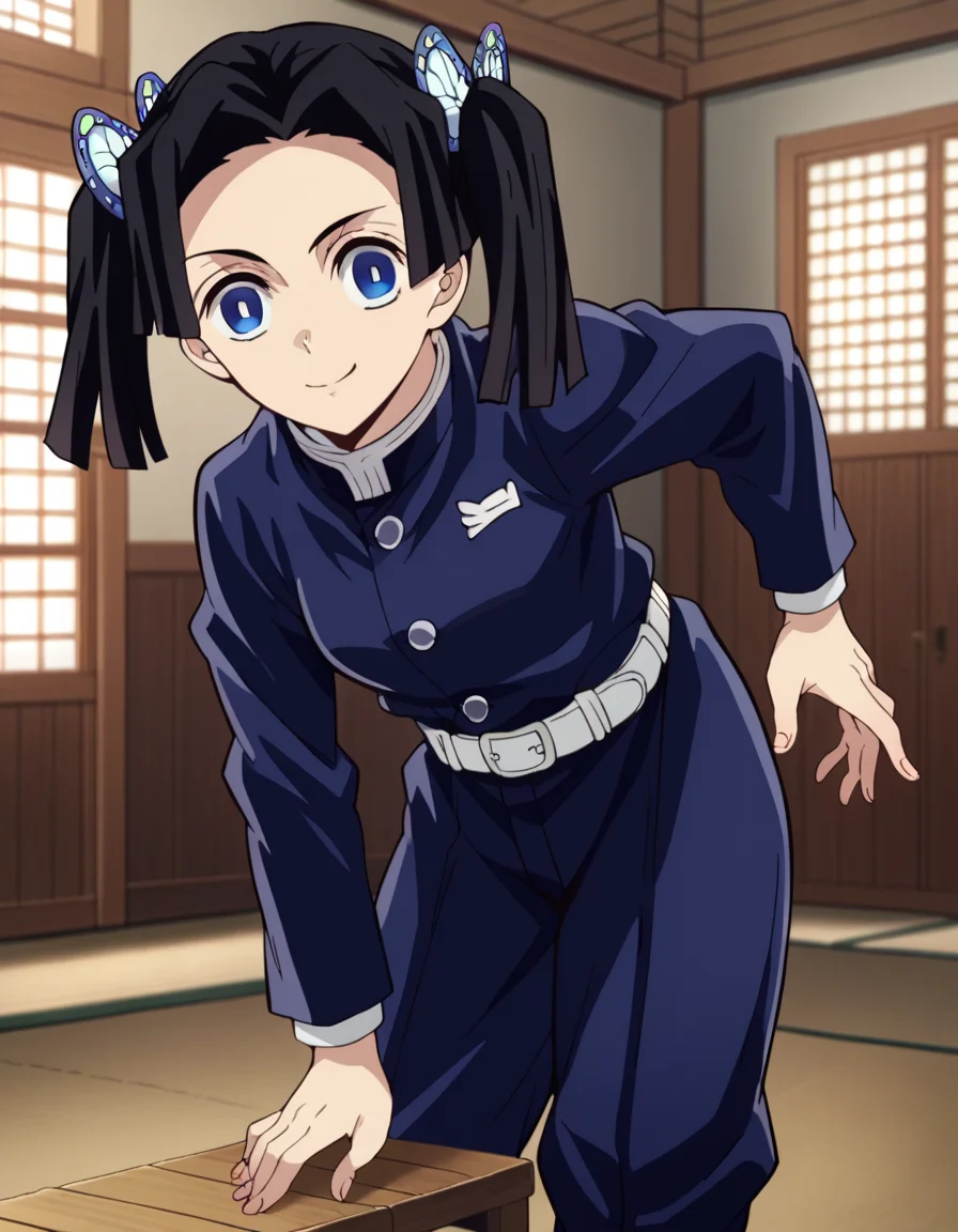 score_9, score_8_up, score_7_up, source_anime,
aoikanzaki, <lora:aoi-kanzaki-anime-ponyxl-lora-nochekaiser:1>,
aoi kanzaki, blue eyes, black hair, hair ornament, twintails, butterfly hair ornament,
long sleeves, belt, pants, blue jacket, white belt, demon slayer uniform, blue pants,
indoors, dojo, bent over, smile,
solo, looking at viewer, cowboy shot, dutch angle,