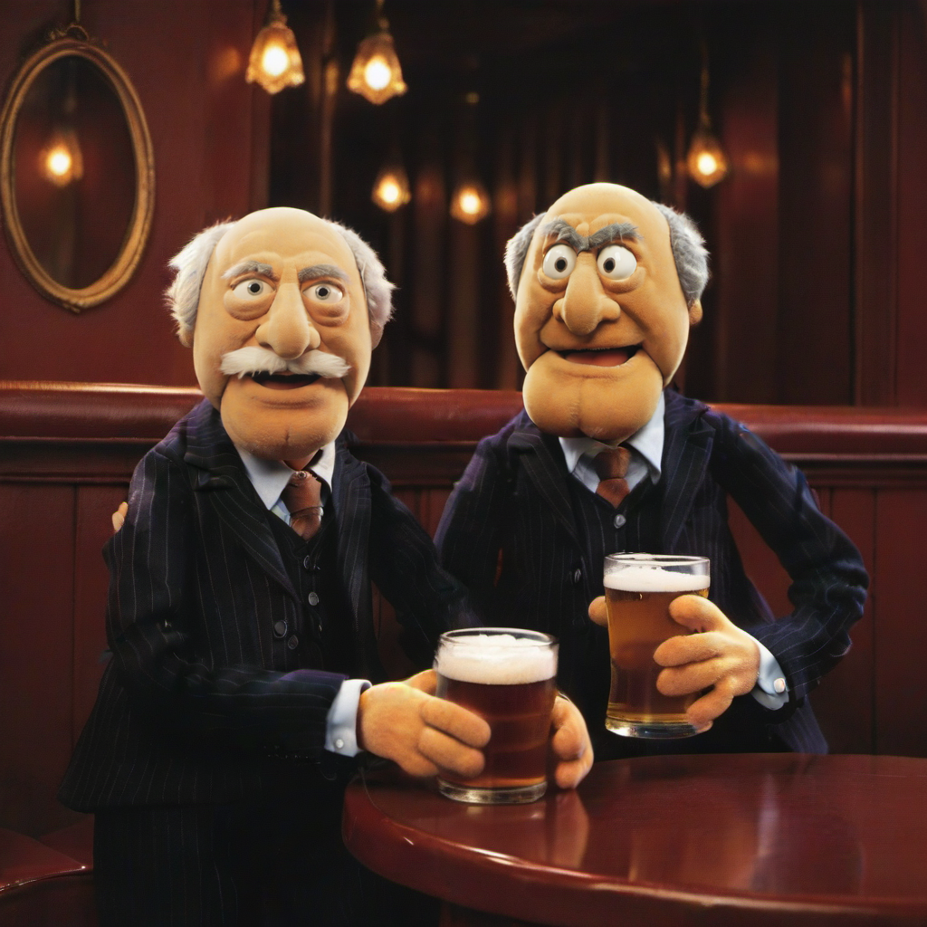 full body portrait of 2boys, facial hair, in a suit, having a beer in a pub  <lora:StatlerWaldorf1024-000120:0.9>
