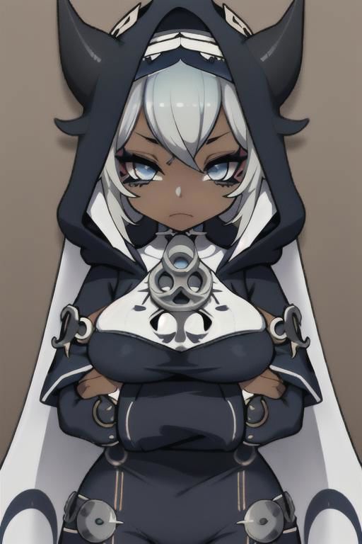 Devil, horns, body mods, chibi, huge breasts, thick thighs, muscular, ((dark tan skin)), white hair, ((navy hair streaks)), short spiky scene hair, slanted blue eyes,blue tribal cloud tattoos, non human, monster girl, bad ass, ((nun)), huge fluffy white scarf, (( hooded jumpsuit)), ((steampunk)), ((y2k aesthetic)), black, white, navy, light blue, 3d render, chibi, ((Kaeya Alberich inspired outfit)), poofy hair, eyeliner, emo, emo makeup, goth, wrench_genshin_style