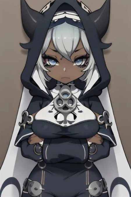 Devil, horns, body mods, chibi, huge breasts, thick thighs, muscular, ((dark tan skin)), white hair, ((navy hair streaks)), short spiky scene hair, slanted blue eyes,blue tribal cloud tattoos, non human, monster girl, bad ass, ((nun)), huge fluffy white scarf, (( hooded jumpsuit)), ((steampunk)), ((y2k aesthetic)), black, white, navy, light blue, 3d render, chibi, ((Kaeya Alberich inspired outfit)), poofy hair, eyeliner, emo, emo makeup, goth, wrench_genshin_style