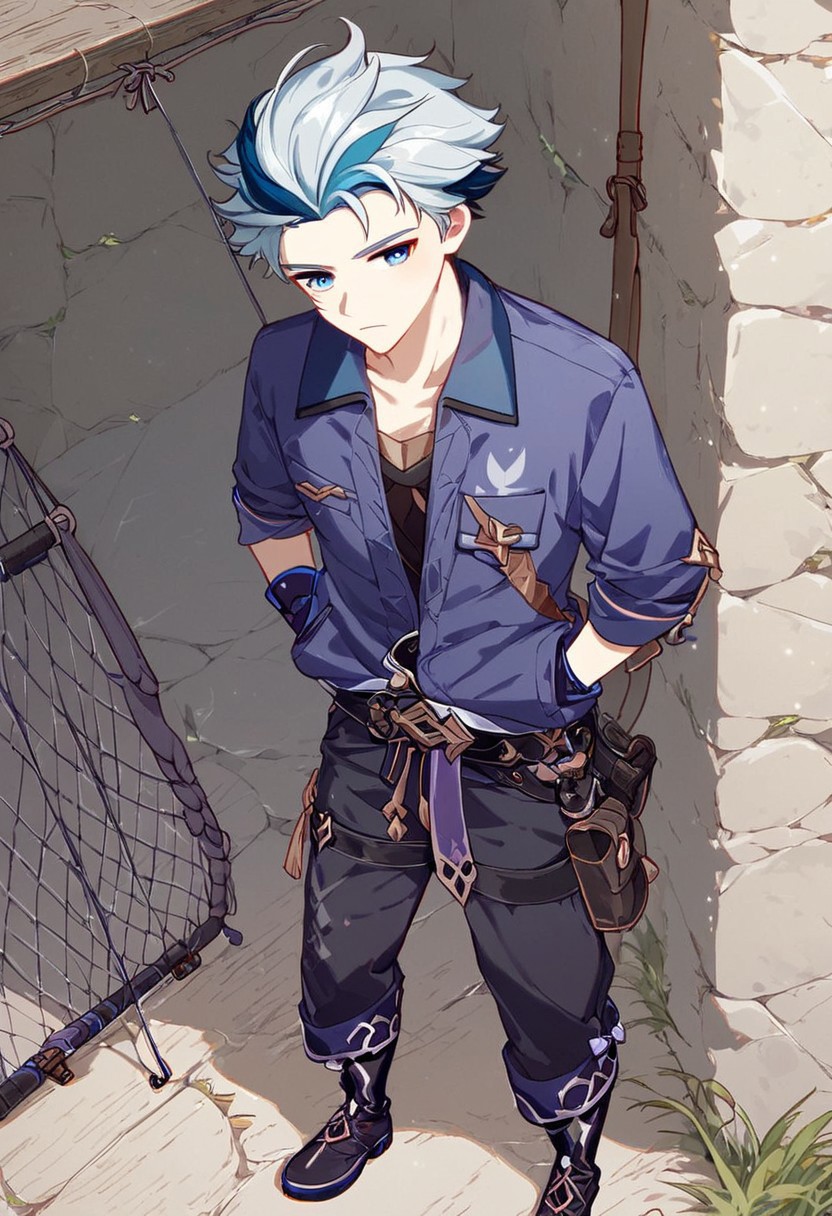 Score_9, score_8_up, score_7_up, Genshin Impact Style, source_anime, fishing dock, 1man, solo, 
Older man, platinum blonde hair, purple cloth on forehead, short hair, blue eyes, serious, collared indigo shirt, chest pockets, lavender jacket, black leather belt, indigo gloves, baggy work pants, fishing boots, fishing net pouch on belt