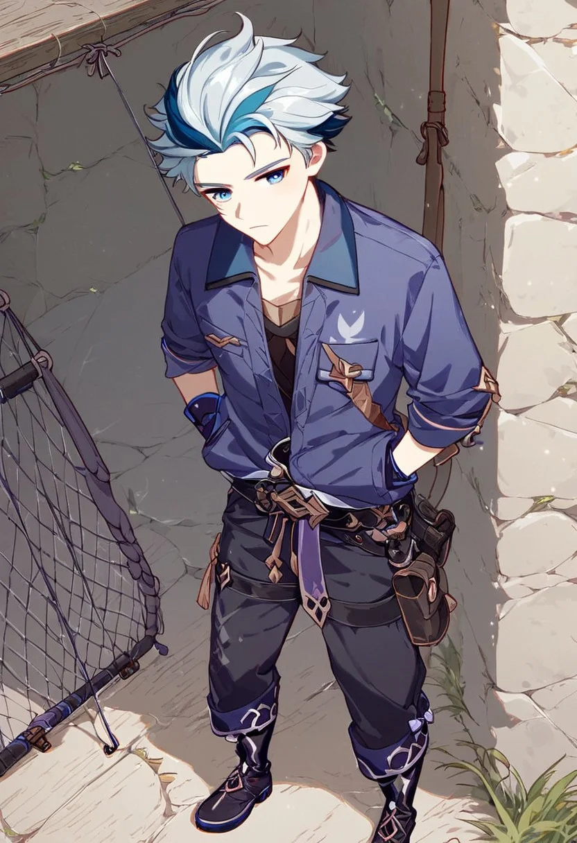 Score_9, score_8_up, score_7_up, Genshin Impact Style, source_anime, fishing dock, 1man, solo,
Older man, platinum blonde hair, purple cloth on forehead, short hair, blue eyes, serious, collared indigo shirt, chest pockets, lavender jacket, black leather belt, indigo gloves, baggy work pants, fishing boots, fishing net pouch on belt
