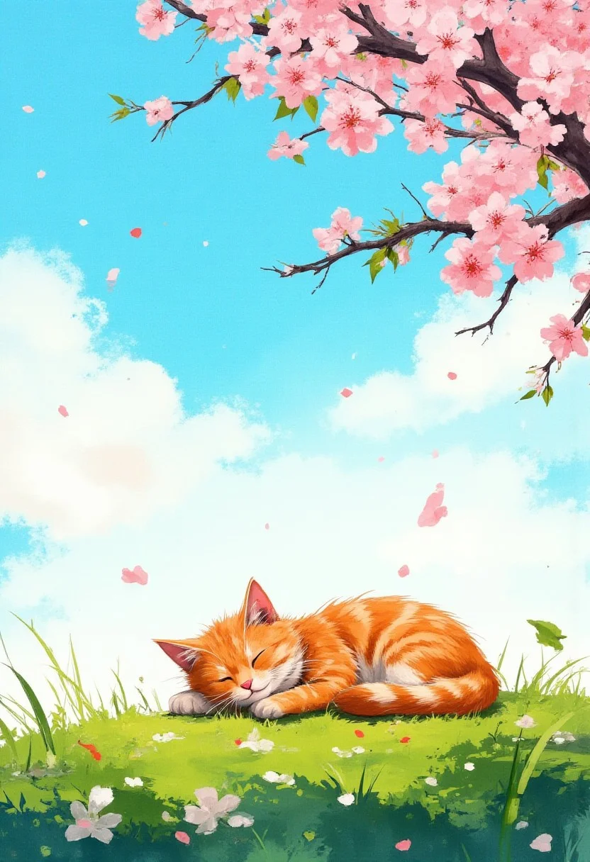 ((Cherry blossoms gently fly in the air)) , An orange tabby sleeping in the grass under a blue watercolor sky with soft clouds