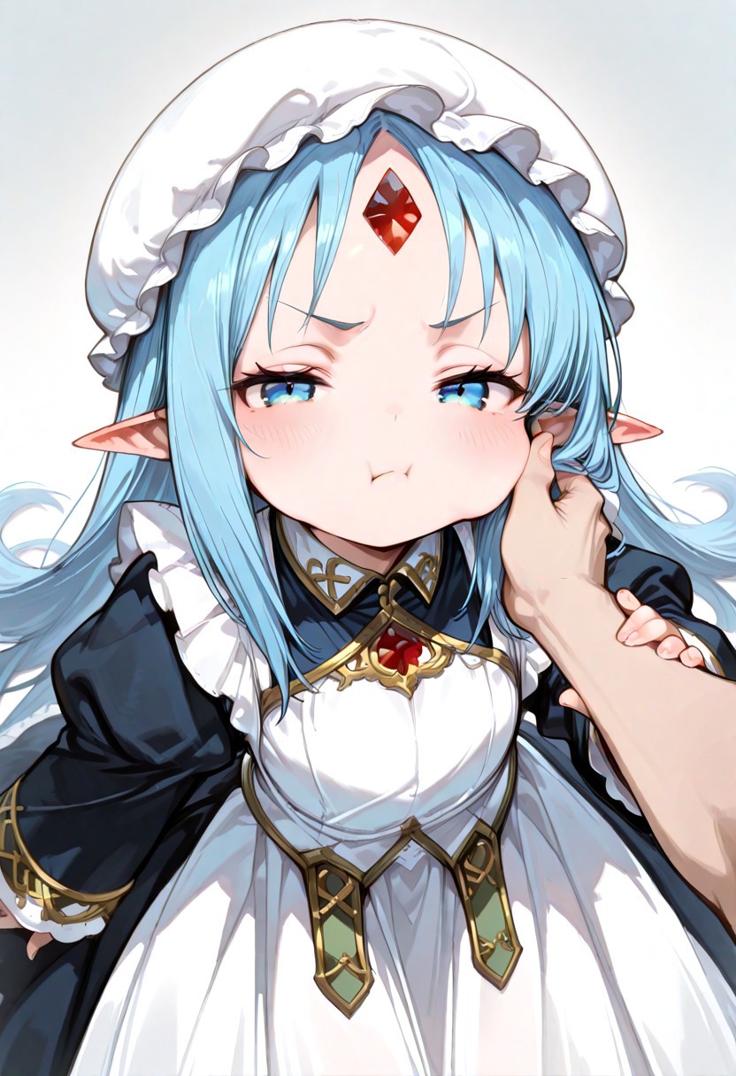 masterpiece, best quality, good quality, very awa, very aesthetic, absurdres, newest, gr4ph1t3, beautiful eyes, perfect eyes, detailed eyes, 1girl, solo, eset_kalar_il ,pointy ears,blue hair,long hair,blue eyes,red gem forehead,, Victorian style maid clothes, full sleeves, long apron, classic, maid mob cap, beautiful eyes, looking at viewer,cute girl,reaching towards viewer,blush,pov,annoyed,half closed eyes,cheeks pinching,from above,face focus,puffy cheeks