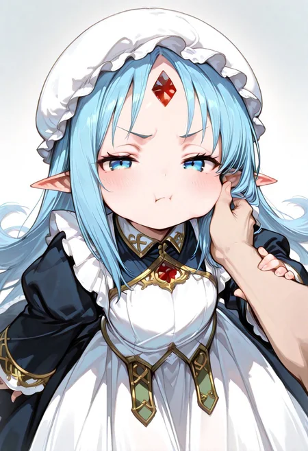 masterpiece, best quality, good quality, very awa, very aesthetic, absurdres, newest, gr4ph1t3, beautiful eyes, perfect eyes, detailed eyes, 1girl, solo, eset_kalar_il ,pointy ears,blue hair,long hair,blue eyes,red gem forehead,, Victorian style maid clothes, full sleeves, long apron, classic, maid mob cap, beautiful eyes, looking at viewer,cute girl,reaching towards viewer,blush,pov,annoyed,half closed eyes,cheeks pinching,from above,face focus,puffy cheeks