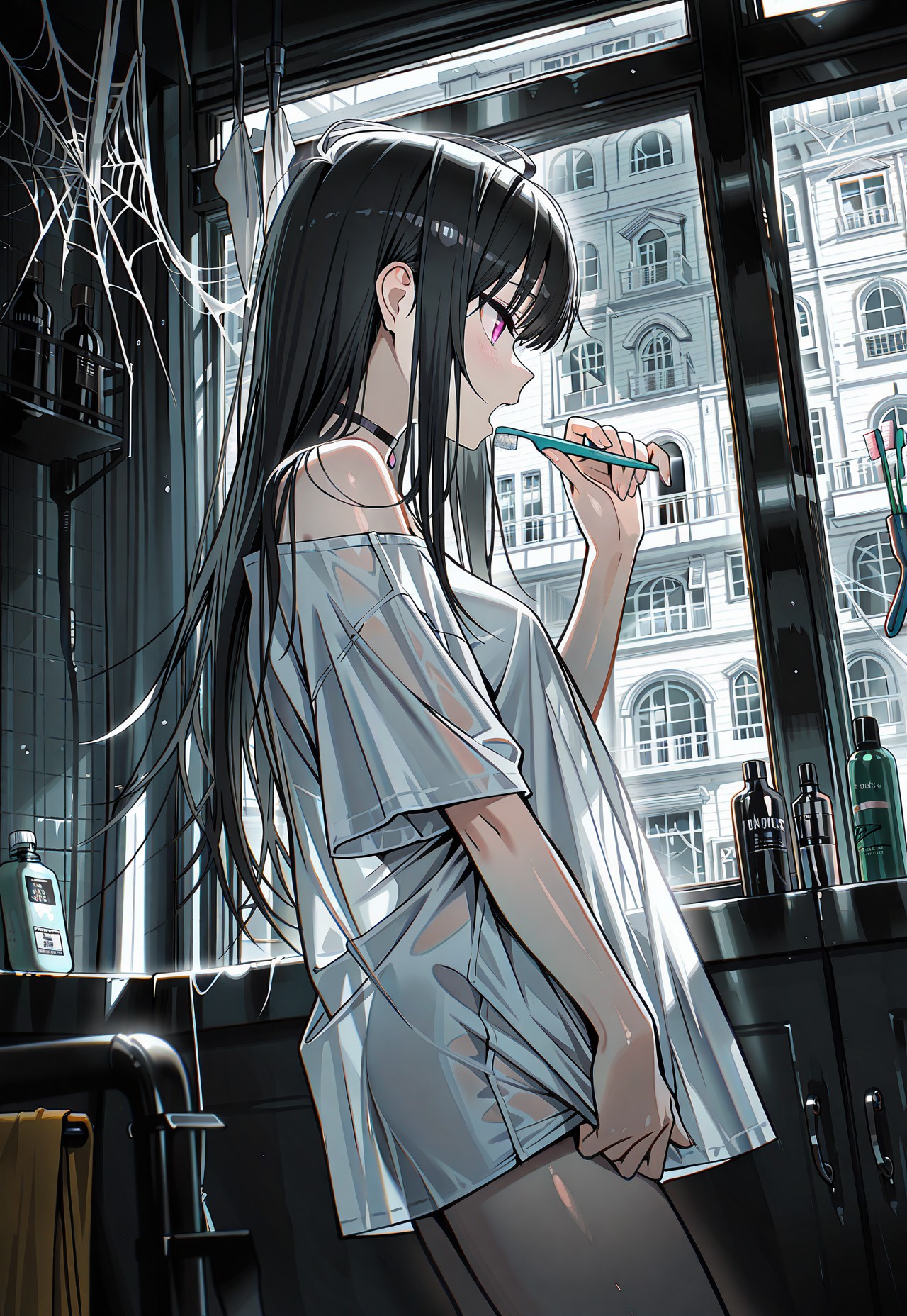 WALLPPR_ST, masterpiece, best quality, very aesthetic, high resolution, ultra-detailed, absurdres, newest, detailed eyes, beautiful, perfect lighting, hi res, amazing quality, very awa, painting_(artwork), dynamic angle, dynamic pose, WALLPPR_ST, WALLPPR_PS, detailed background, 1girl, long hair, black hair, indoors, window, bottle, holding, white shirt, cable, spider web, bangs, instrument, toothbrush, hand up, open mouth, silk, short sleeves, from side, standing, off shoulder, building, scenery, choker, pink eyes, oversized shirt, profile