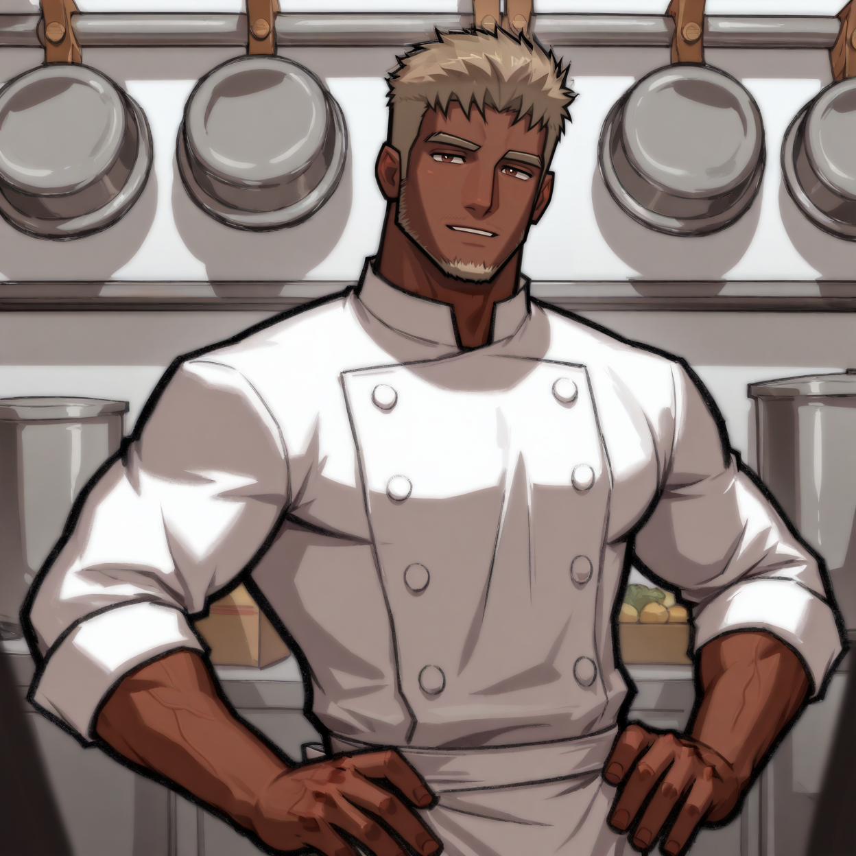 <lora:Humplex_-_Reorik_A.K.A._The_Chef:.7> humplex_chef, Dark skinned male, light brown hair, short hair, thick brows, facial hair, (white chef uniform, white coat, white apron),
(very short hair, beard, bara, mature, facial hair, stubble, beard, full beard, sideburn, beard, a lot of beard, ), facial hair,male focus, muscular male, muscular male, bara, mature,  bara, mature, aixiwuganda_(20222192), very awa, masterpiece, best quality, absurdres, newest, perfect quality, detailed background, intricate details,
<lora:slider_Body Type_alpha1.0_rank4_noxattn_last:3><lora:style_Anime Summer Days 2 Style SDXL_LoRA_Pony Diffusion V6 XL:.6><lora:slider_cfg_scale_boost:.7><lora:face_Artist6p-10:.55>, Artist6p, Artist04p,<lora:slider_il_brightness_slider_d1:-1><lora:slider_il_contrast_slider_d1:-1><lora:slider_DarkSlider1.2_alpha1.0_rank16_full_300steps:-.6>