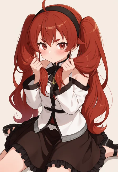 <lora:Eris Greyrat_illustrious-000016:1>,
Eris Greyrat, solo, bunching hair, blush, ahoge, looking at viewer, skirt, twintails, black hairband, sitting, wariza, long sleeves, shirt, closed mouth, black skirt, black footwear, white shirt, frilled skirt, simple background, bare shoulders, holding, holding hair, thick eyebrows