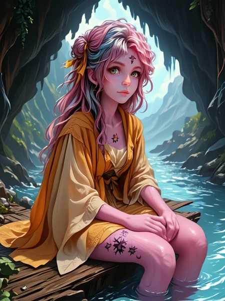 score_9, score_8_up, score_7_up, source_anime, source_western, source_comic BREAK 1girl, solo, firbolg, rainbow streaked hair, side braid hair with hair ribbon, grey eyes, colored skin, star tattoo, Pink skin, colored skin, tall female body, attractive figure, perky breasts, BREAK <lora:Firbolg:1.0> (firbolg:1.2), furry, (big nose), animal ears, colored skin BREAK happy, reclining, sitting, indian style, on towel, shore, lake, yellow pencil dress, aged up, <lora:Fantasy_Races_XL:1.0> <lora:fantasy_world_pony:0.3> BREAK photorealistic, realistic, intricate detail, dynamic, detailed background, volumetric lighting, negative space BREAK <lora:add-detail-xl:1.5> <lora:AnimeLineArtPony:0.8> <lora:vivid_everclear:0.4> <lora:st4t1ctvXLP:0.6> st4t1ctv <lora:mynewfantasy:0.8> MyNewFantasy <lora:TLUXLP:0.8> tlu