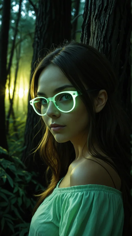 Beautiful (closeup:1.3) photography of a sexy adult () woman, with Brunette hair with phthalo yellow green streaks and a Arched Bangs hairstyle, wearing glasses, face focus, (skirt, squatting, from behind, looking at viewer, looking back, , solo, hand on wall, , thighhighs:0.5), bioluminescent forest at twilight, with massive glowing trees