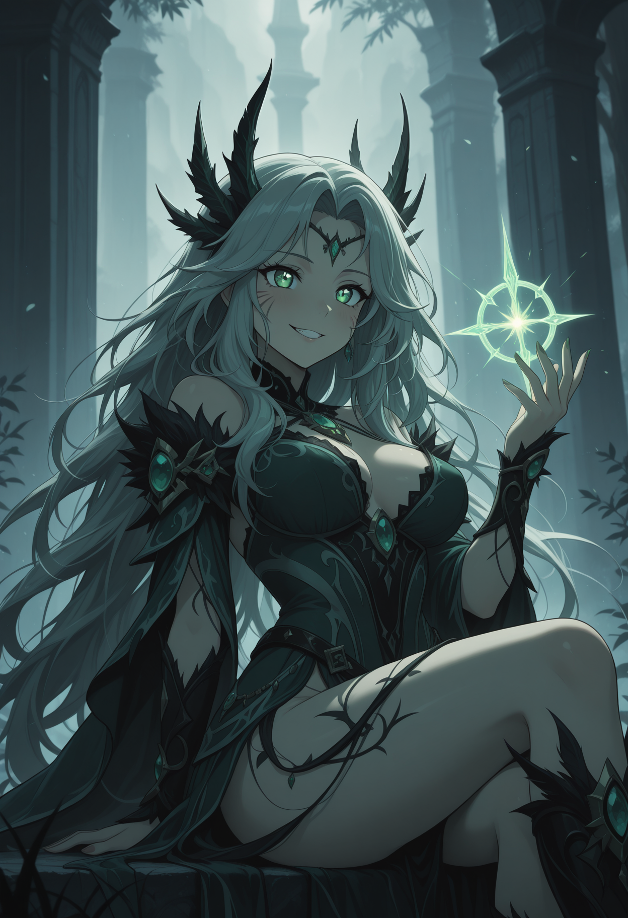 score_9, score_8_up, score_7_up, score_6_up, dynamic, (anime, masterpiece), best quality, (8k), detailed background, sharp focus, intricate, ambient lighting, super high quality, hyper detailed background, cinematic lighting, adult, double tone long hair, medium breasts, verybadimagenegative_v1.3, mature, adult, fantasy, Kuda-Gitsune, Small but elusive, with fur that shimmers like moonlight on fresh snow,Playful eyes glinting with ancient wisdom and hidden mischief,Whispered tales of its presence echo through the rustling leaves beneath a silver sky,Emerald energy trails softly behind as it dances gracefully among the shadows,Whiskers twitching as it senses unseen magic lingering in the air,Cunning grin revealing a fleeting gift of luck or misfortune, for those who catch its glance, sitting, nude, <lora:CatGirlStyle\CatgirlStyle-000014>, CatGirlStyle
