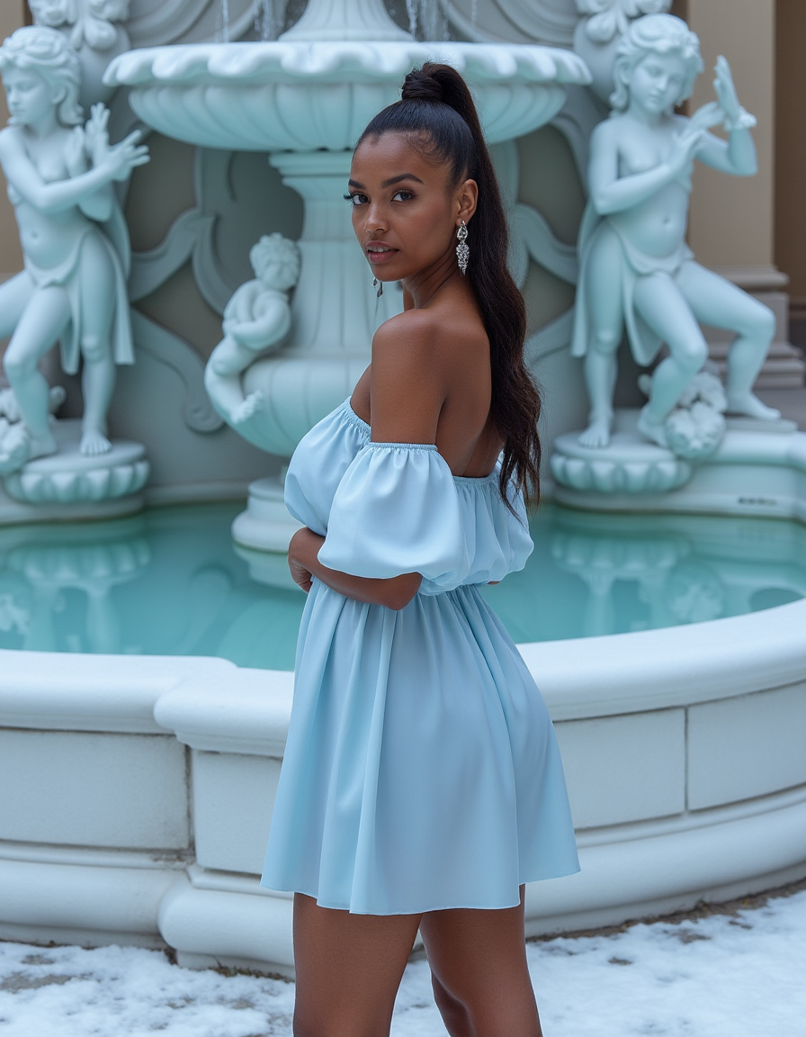 An african woman stands in front of a frozen, ornate fountain, surrounded by intricate carvings and statues. She wears a stunning, ice-blue short off-the-shoulder romper with ruffled sleeves, outfit0026, that seems to blend seamlessly into the surroundings. She is looking at viewer. The camera captures every detail of the dress, from the delicate frost to the sparkling ice crystals.
Composition: The woman is positioned at the center of the frame, with the fountain's statues and carvings reflected in her dress. The lighting is soft and ethereal, with a subtle glow from the ice.