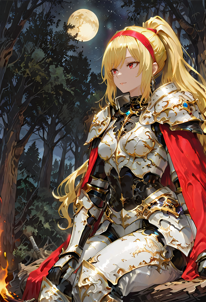 1girl, solo, anime coloring, anime artwork, unholy-aesthetic, masterpiece, best quality, newest, absurdres, highres, safe, CG, cinematic lighting, natural shadow, highest detail, detailed background, intricate scenery, depth of field, insane details, intricate, subsurface scattering, very aesthetic, serene atmosphere, artistic rendering, dramatic contrast, luminous elements, soft painterly texture, striking visual design, finely detailed face, beautiful face, <lora:kaelaIL:0.55> kaelaIL, long hair, red eyes, (yellow hair:1.5), ponytail, red hairband,
dynamic angle, cinematic angle, from side,
1girl, solo, looking up,
forest, night, starry sky, moon,
sitting on log, bonfire,
<lora:hina_MixArmor_x215c:0.9> (fantasy armor, gauntlets, shoulder armor, bodysuit, fantasy white armor, ornate lace, extreme detailed ornate armor, diamond girdle, gemstone choker:1.5),
<lora:WidePonytailV3-IXL:1> wide high ponytail, long hair, wavy hair,
<lora:748cmSDXL:0.45> 748cmstyle,
<lora:ILLMythP0rtr4itStyle:0.7> mythp0rt