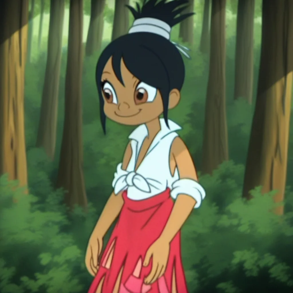 score_9, solo, candela_m, black hair, brown eyes, dark skin, tied shirt, skirt, cute, smiling, forest, natural lighting