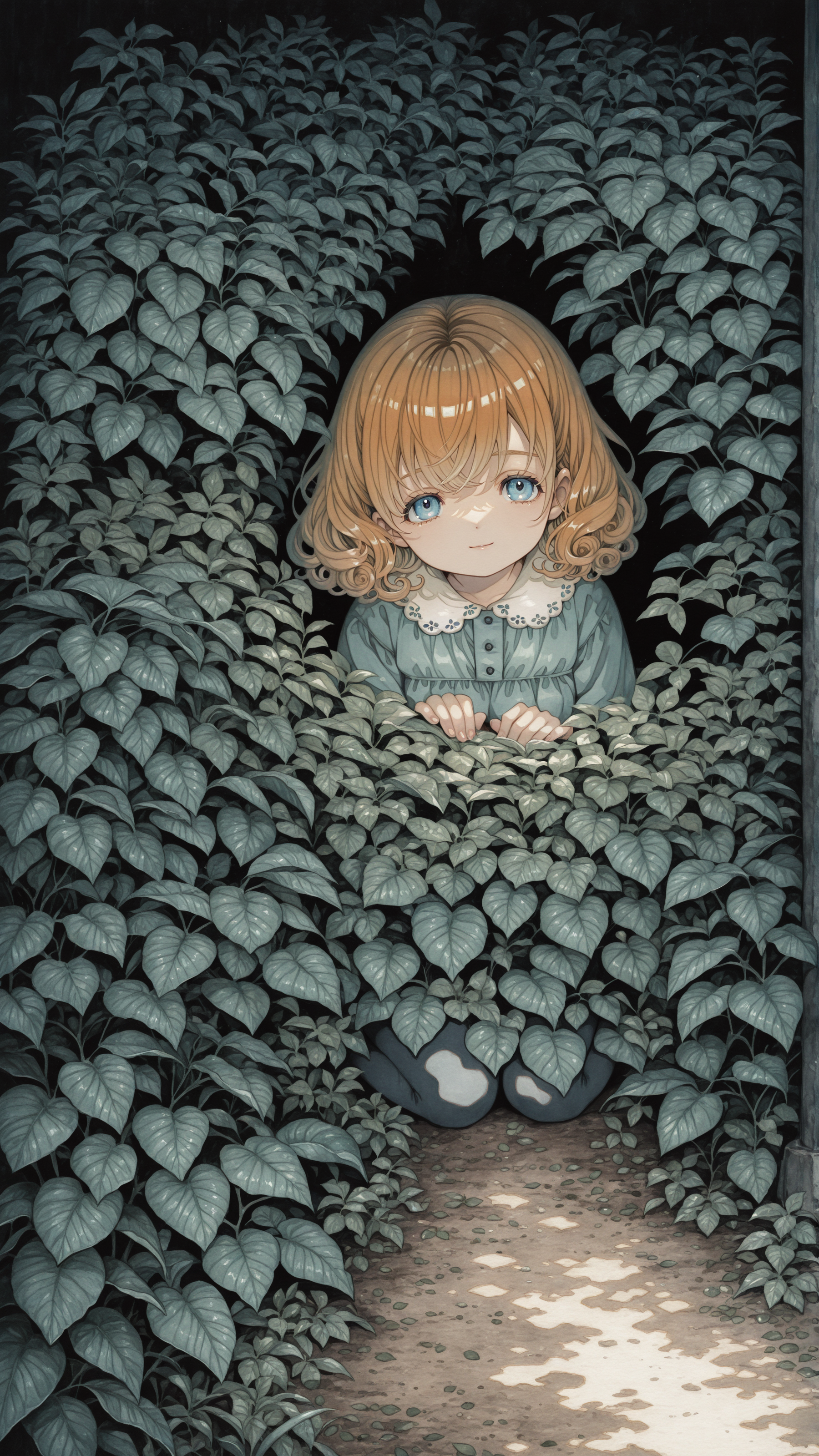 amazing quality, absurdres, best quality, detailed background, flat colors, dark, green leaves, bushes, eyes, hiding,
1 woman, ginger hair, curly hair, updo, shiny highlights, split bangs, light smile, wariza, blue eyes,
 <lora:rusetsuksr_style:1> rusetsuksr_illu, painting (medium)