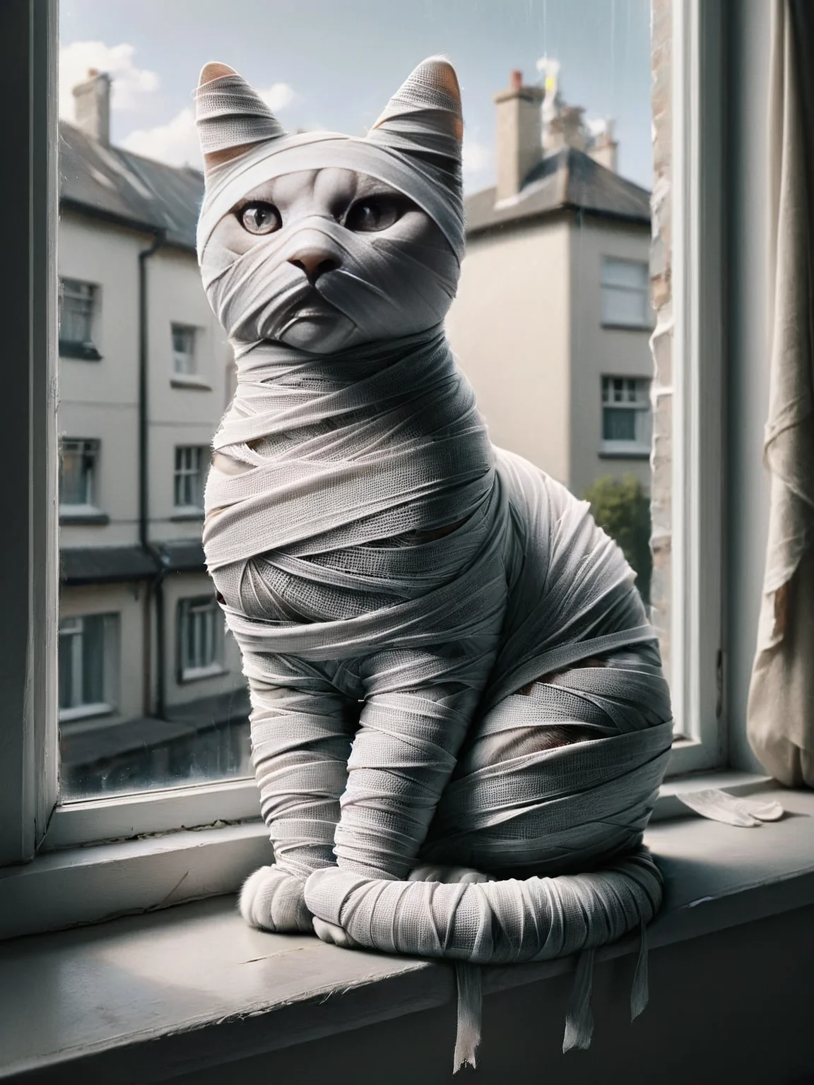 A cat perched on a windowsill, completely unconcerned with the ais-bndgs wrapped around its tail <lora:ais-bndgs-sdxl:1>
