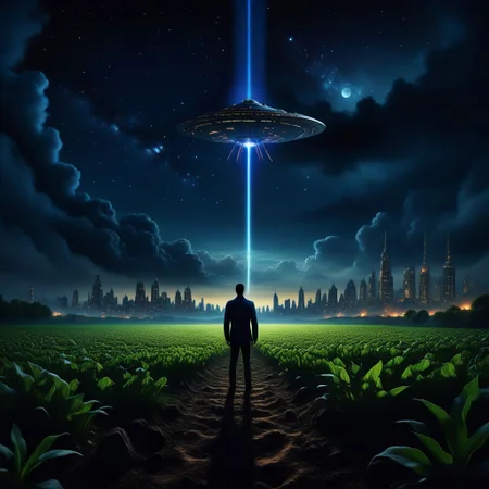 Ultra realistic color pencil  image of 
a man standing in the middle of a field on a cloudy night, watching a city-sized spaceship descending in the background. Only light comes from the spaceship. silhouette style,
BREAK
Deep dark intense midnight blue misty background ,
Dark theme, dynamic lighting, (soft shadows), (soft focus), (photo realistic), uhd, 8k
