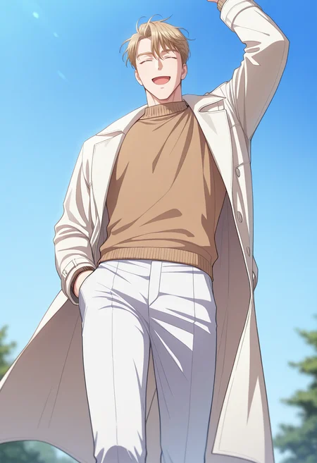 masterpiece, best quality, amazing quality,high resolution, intricate details,anime coloring,depth of field , , , 1boy, solo, male focus,  <lora:sung_hyunjae:0.70>,sung hyunjae,bloden hair,short hair,smile, open mouth, brown shirt, long sleeves, standing, closed eyes, outdoors, sky, day, pants, sweater, coat, feet out of frame,l, from below, open coat, white pants, white coat,arm up