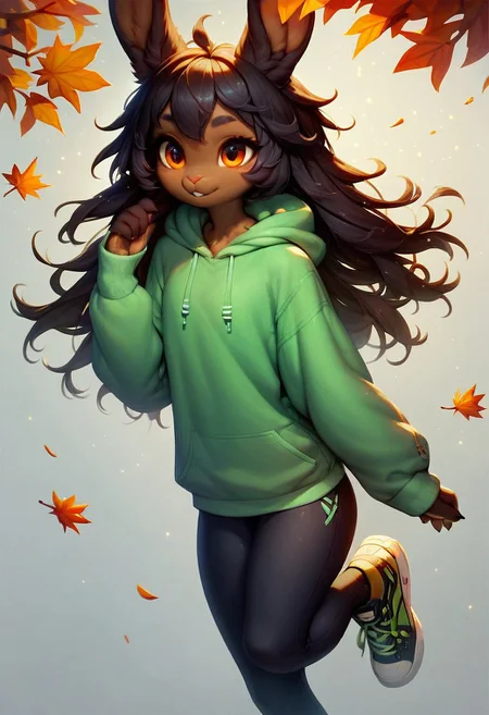 core_9, score_8_up, score_7_up, score_6_up, score_5_up, (flat colored: 1.2), fluffy body, (2d style:0.8), anthro rabbit girl, cute,, ultra-detailed, autumn background, furry, anthro, female, green hoodie, pants, sneakers , dark hair, top view
