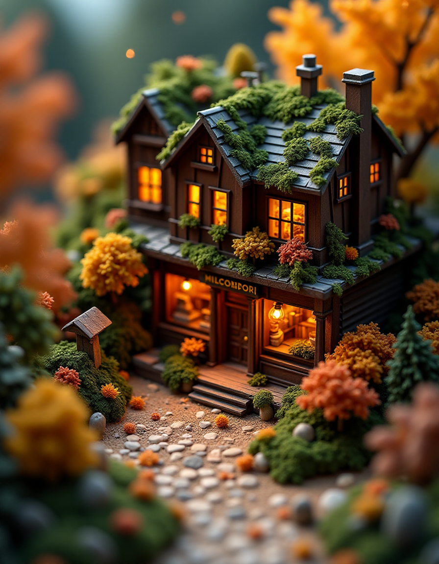 (indoor,very wide isometric view,tilt-shift lens:1.6), (miniature,diorama,no_realistic,no_photo:2) of (stasis _chamber:1.5), autumn wonderland,building of bookstore