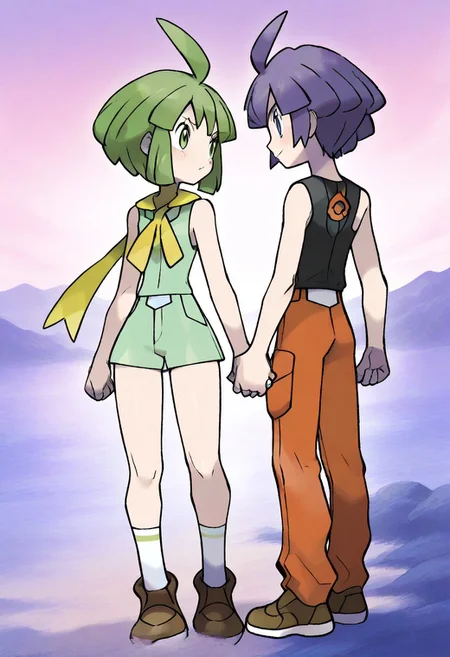 masterpiece, best quality, very aesthetic, absurdres, sharp details, pokemon, 2boy, green hair, purple hair,purple eyes,looking at another, short hair, blush,green eyes,ahoge, straight hair, sidelocks, holding hands, eye contact, outdoors, Aaron(pokemon), closed mouth,couple,puzzle_morph_rks,
Green shorts, green shirt, brown footwear, white socks, yellow neckerchief,
Aaron,black sleeveless shirt, orange pants, white with orange shoes, belt
sugimori ken,
