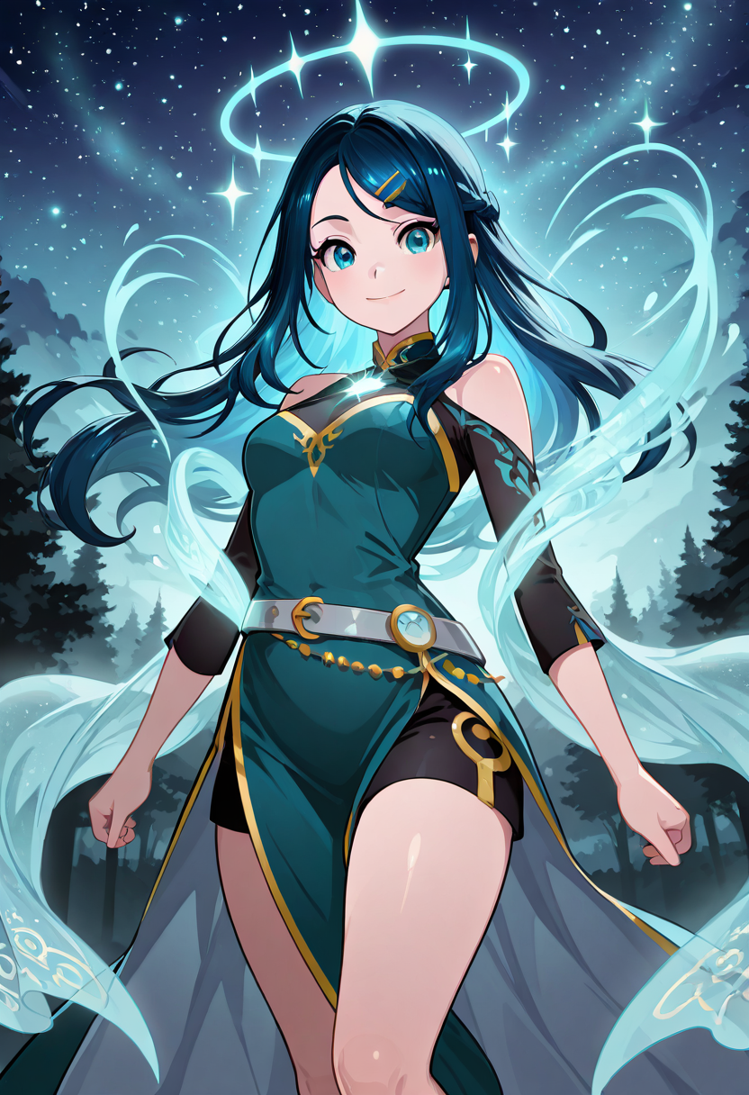 masterpiece, best quality, 1girl, eyelashes, (beautiful eyes), looking at viewer, smile,  dark blue hair,   [Fantasy-Inspired Chic] zzLikoMV, 1girl, solo, turquoise eyes, blue hair, long hair, flowing gown, intricate patterns, silver belt, glowing accessories, magical ambiance, starry sky, mystical forest â Under a starry sky in an enchanted forest, zzLikoMV stands with grace, her turquoise eyes glowing softly beneath her long blue hair. The flowing gown she wears, patterned with intricate designs, moves like liquid under the night breeze. A silver belt cinches her waist, while glowing accessories shimmer around her, casting a mystical light on the scene, creating a surreal and magical atmosphere.  (dynamic pose, foreshortening),  ,<lora:LikoMegaVoltagePokemon_IXL:0.8>,   <lora:CoutureCraze_IXL:0.7>,