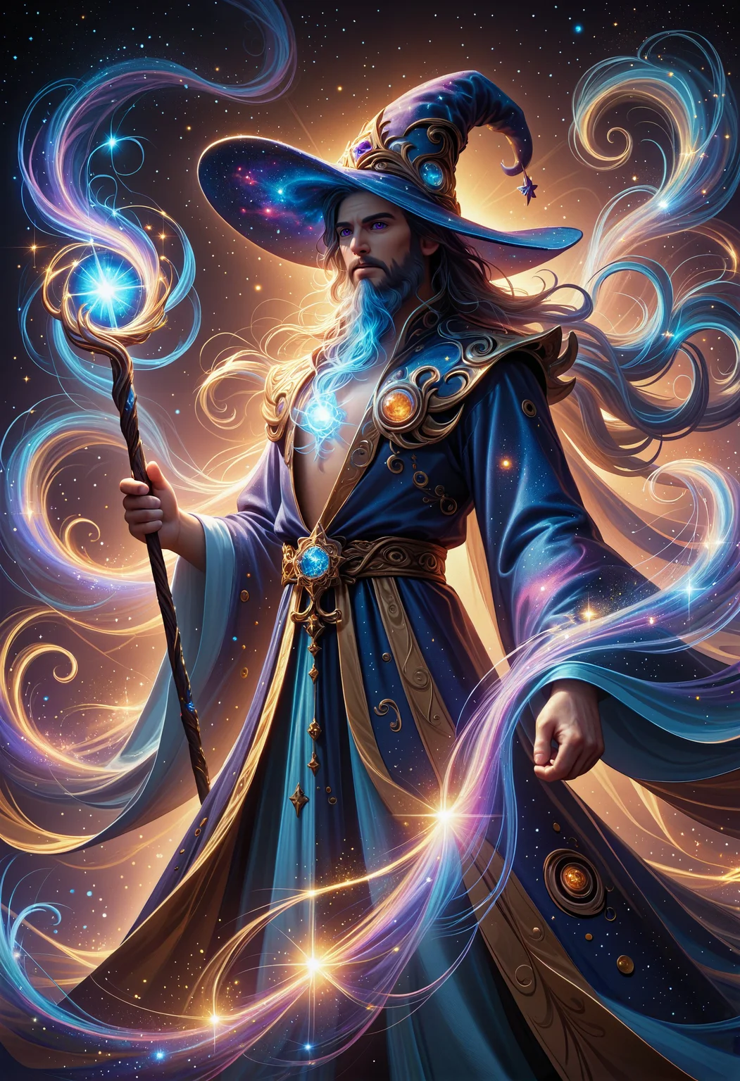 Score_9, score_8_up, score_7_up, score_6_up, score_5_up, score_4_up, 1boy, male character,dynamic pose, action pose, standing pose, holding staff, long flowing beard, glowing blue eyes, intricate outfit, starry robe, galaxy theme, magical aura, ethereal glow, detailed background, swirling magic, cosmic elements, glowing effects, fantasy setting, wizard hat, mystical atmosphere, vibrant colors, fantasy illustration, glowing staff, enchanting look, intricate details, light and magic, celestial design, sparkles, cosmic energy, fantasy art, otherworldly character, luminous beard, magic swirls, enchanting expression, star-filled robe, radiant light, ethereal magic, galaxy motifs, cosmic wizard, celestial wizard <lora:Selftrained\Lumina_Mystica:0.4>