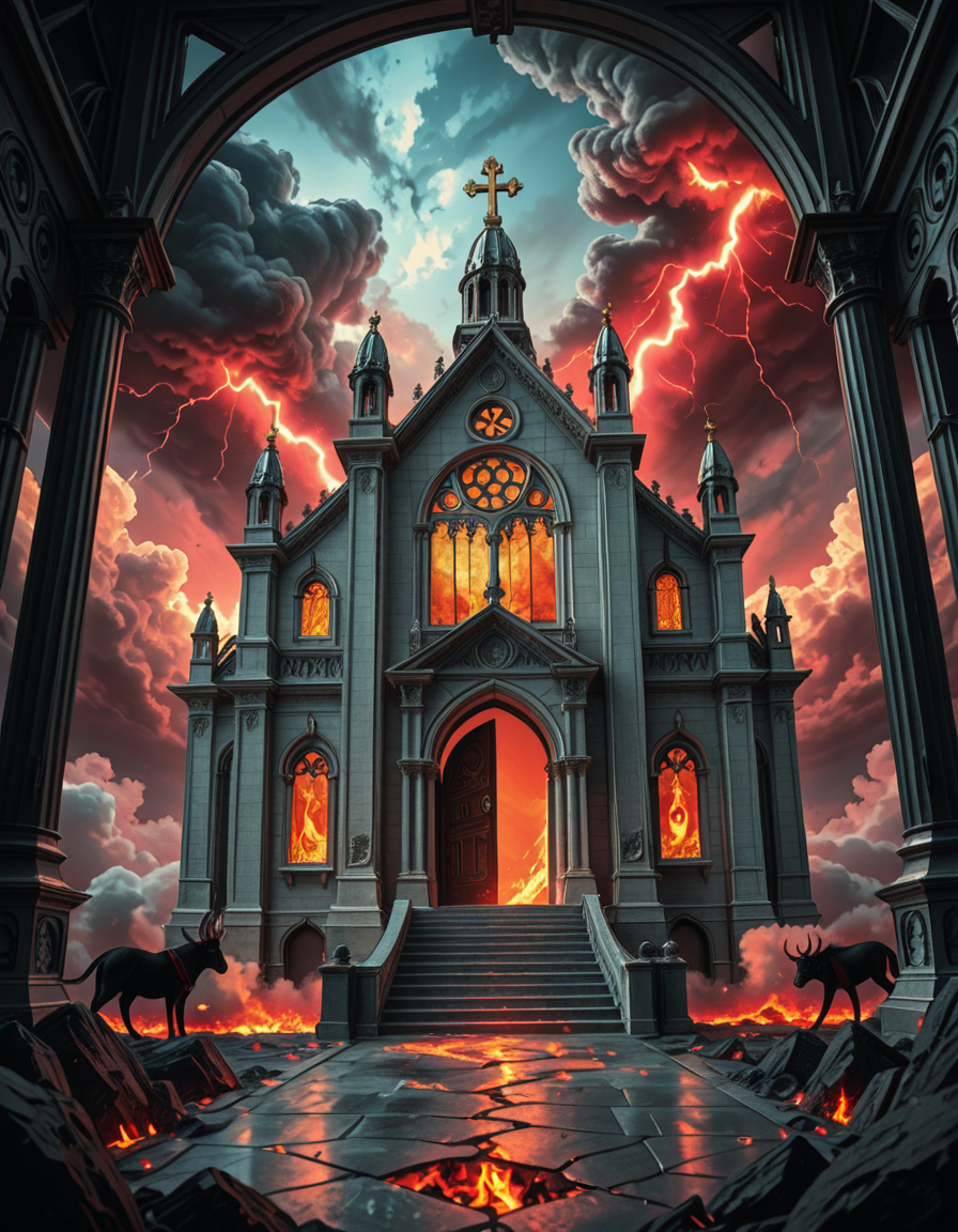 A once-majestic celestial temple, now under siege by the forces of Hell. The grand white stone structure is cracked and scorched, its golden crosses twisted and broken. The stained-glass windows, once glowing with warm divine light, are now shattered, with demonic symbols glowing ominously in their place. The sky, once a serene blue, is now consumed by dark storm clouds, swirling with red lightning and thick smoke.
Black, jagged chains extend from the sky, wrapping around the temple as if trying to pull it down into the abyss. The once-fluffy clouds beneath the structure are now a chaotic mix of fire, ash, and dark mist, with glimpses of molten lava cracks below. Infernal creatures with glowing red eyes lurk in the shadows, their silhouettes barely visible through the smoke and fire.
The temple doors are blown open, revealing an eerie red glow emanating from within, as if Hell itself is consuming the sacred space. Massive demonic runes are etched into the stone, pulsating with an unholy energy. The entire scene is bathed in a deep crimson and orange glow, giving it an apocalyptic and nightmarish atmosphere.
Style & Lighting:
- Dark fantasy, highly detailed
- Dramatic, high-contrast lighting with fiery glows
- Cinematic composition, epic scale
- Strong use of shadows, embers, and atmospheric foghighly detailed and atmospheric view from inside a massive birdcage, large enough for a human to stand inside. The cage is made of ornate, aged metal bars with intricate Victorian-style patterns, curving elegantly towards the domed ceiling. Sunlight filters through the gaps between the bars, casting long, dramatic shadows on the wooden floor. Delicate vines and small flowers have begun to grow around the bars, adding a touch of nature reclaiming the space. The background beyond the cage is blurred, hinting at a lush garden or a mysterious, abandoned mansion. The ambiance is serene yet slightly melancholic, with warm golden light illuminating dust particles floating in the air. Soft feathers are scattered on the floor, adding to the sense of quiet abandonment. The perspective makes the viewer feel as if they are inside the cage, looking outward, surrounded by both beauty and confinement. The style is highly detailed and realistic, with a cinematic and slightly surreal atmosphere.
<lora:SDXLFaeTastic2400:0.4> <lora:extremely_detailed:0.4> extremely detailed, <lora:evil_celestial_t3mpl3-i:1>,evil celestial t3mpl3, Masterpiece,best quality,hi res,8k,hi res,8k,award winning,(sharp focus, intricate, highly detailed),