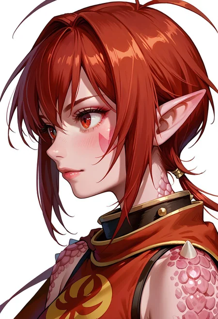 score_8, score_8_up, score_7_up, 1girl, solo, female focus,  solo, Karst_GS, dragon girl, pink skin, facial mark, red eyes, pointy ears, red hair, bangs, short hair with long locks, sidelocks, ponytail, antenna hair, gorget, bare shoulders, scales, spikes, cape, red cape, crop top, print shirt, portrait, simple background, white background