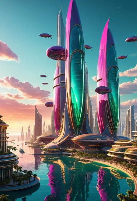 Futuristic fantasy concept art. Wide shot. A highly advanced futuristic city with seahorse-inspired skyscrapers and intricate architecture along a coastal metropolis. Wide-angle lens. Inspired by the art of Syd Mead. Vibrant seahorse-shaped airships floating above the city, fantastical glowing accents, hyper realistic reflections on polished surfaces. Warm sunset lighting with a magenta and emerald green color scheme. 8k resolution, crazy details, trending on Artstation, Unreal Engine 5 quality, cinematic, highly intricate, mesmerizing, extremely detailed.