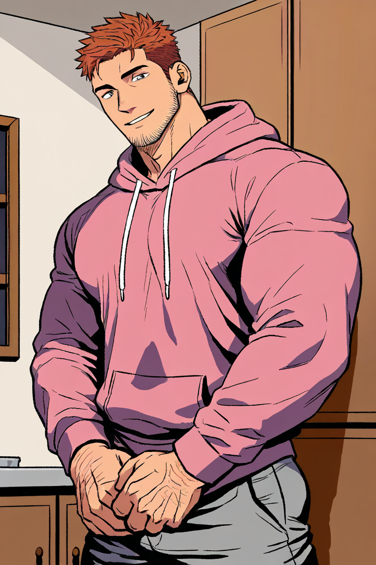 masterpiece, best quality, highres, newest, 1boy, bara, solo, male focus, mature male, short hair, orange hair, grey eyes, facial hair, stubble, muscular, looking at viewer, upper body, smile, standing, pink hoodie, grey pants, indoors, kitchen <lora:OIS - Bara Style 6 [LoRA] - NoobAI-XL EPS 1.0:0.7>