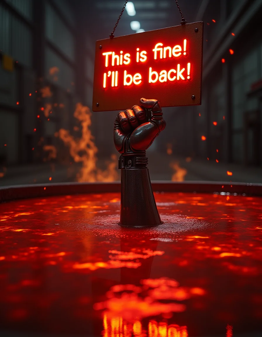 a close-up realistic Zoom Shot photo of in the style of Grant Wood, the Robotic arm of Terminator is raising from the middle of the pool of red hot melted steel, the Robotic hand is holding a neon sign which say "This is fine! I'll be back!", fire and flame are burning on the pool of melted steel, indoor, in a Steel heavy industry plant, very aesthetic