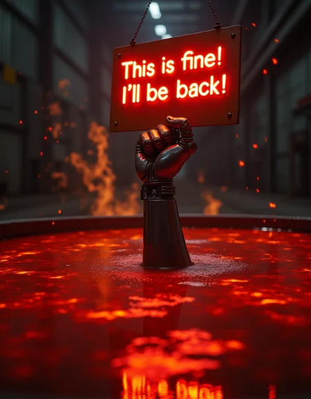 a close-up realistic Zoom Shot photo of in the style of Grant Wood, the Robotic arm of Terminator is raising from the middle of the pool of red hot melted steel, the Robotic hand is holding a neon sign which say "This is fine! I'll be back!", fire and flame are burning on the pool of melted steel, indoor, in a Steel heavy industry plant, very aesthetic