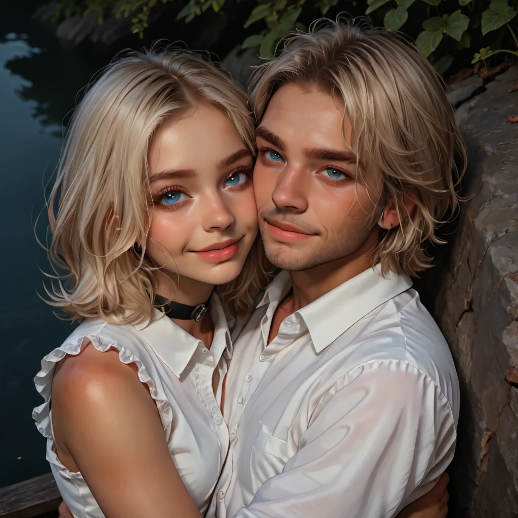 artist:moriimee,realistic, (hug, hugging), arms around, embrace, reze, blue eyes, blonde hair, white button up, sleeveless shirt, white shirt, resting head, loving, romantic, black choker, from above, smile, blush, night, outdoors, male pov, side view, angle view, 1girl, solo