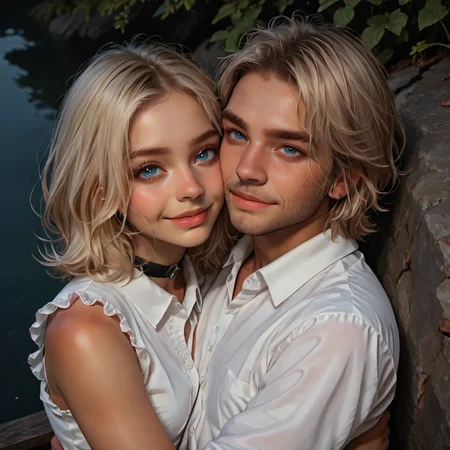 artist:moriimee,realistic, (hug, hugging), arms around, embrace, reze, blue eyes, blonde hair, white button up, sleeveless shirt, white shirt, resting head, loving, romantic, black choker, from above, smile, blush, night, outdoors, male pov, side view, angle view, 1girl, solo