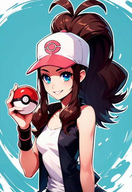 score_9, score_8_up, score_8, medium breasts, (curvy), cute, eyelashes,
rating safe,
BREAK,
holding pokeball,
zzHilda, blue eyes, long hair, high ponytail, sidelocks, hat, collarbone, white shirt, black vest, sleeveless, wristband, short shorts, denim shorts, exposed pocket,
BREAK,
smile, looking at viewer,
abstract background, white outline,
zPDXL, Expressiveh