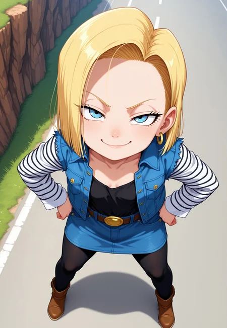 score_9, score_8_up. score_7_up, masterpiece, detailed lips, detailed nose, perfect face, perfecteyes,1girl,small breasts,1solo, android 18, blonde hair, blue eyes, eyelashes, hoop earrings, short hair, earrings, belt, black legwear, black shirt, breast pocket, cleavage,, denim jacket, denim skirt, high-waist skirt, jewelry, long sleeves, pocket, shirt, shirt tucked in, skirt, striped, striped sleeves, waistcoat,brown footwear,day,smug,random pose, standing, ((looking up at viewer)),,shortstack, , on aspalt road, on , (cliff face on one side of road, sheer drop on one side of road),(high view),moutains in background,legs apart,smile