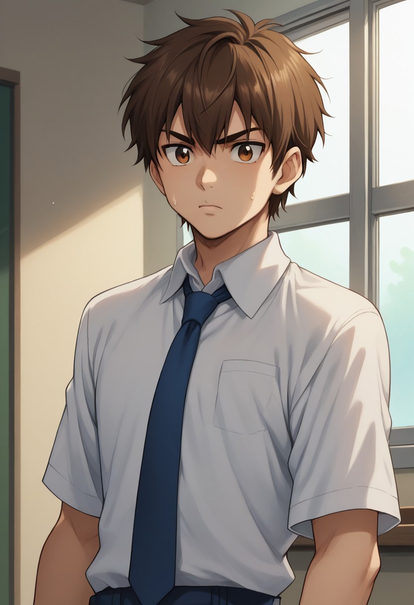 score_9, score_8_up, score_7_up, source_anime, highly detailed, 
eijun, 1boy, male focus, brown hair, solo, sweatdrop, brown eyes parody, necktie,
school uniform, indoors, window, shirt, collared shirt,
