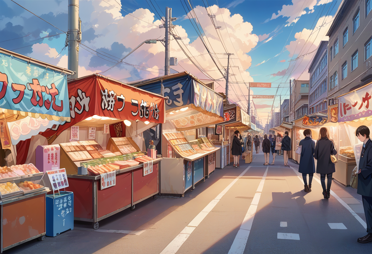 score_9, score_8_up, score_7_up, rating_safe, masterpiece, best quality, absurdres, unity 8k wallpaper, official art, official style, source_anime, uncensored, game cg, megami magazine,
omatsuri, food stand, outdoors, power lines, real world location, utility pole, sky, road, multiple boys, scenery, cloud, sign, street, day, multiple girls, 6+boys, food, building, city, holding, shop, bag, lamppost, blue sky, cloudy sky, coat, 
<lora:omatsuri_PONY_V1:1>